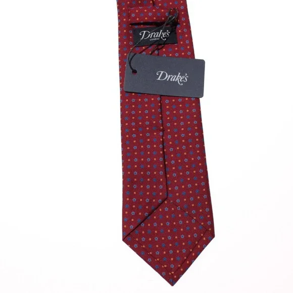 Drake's NWT Neck Tie in Red w/ Blue & Yellow Floral / Square Pattern 100% Silk